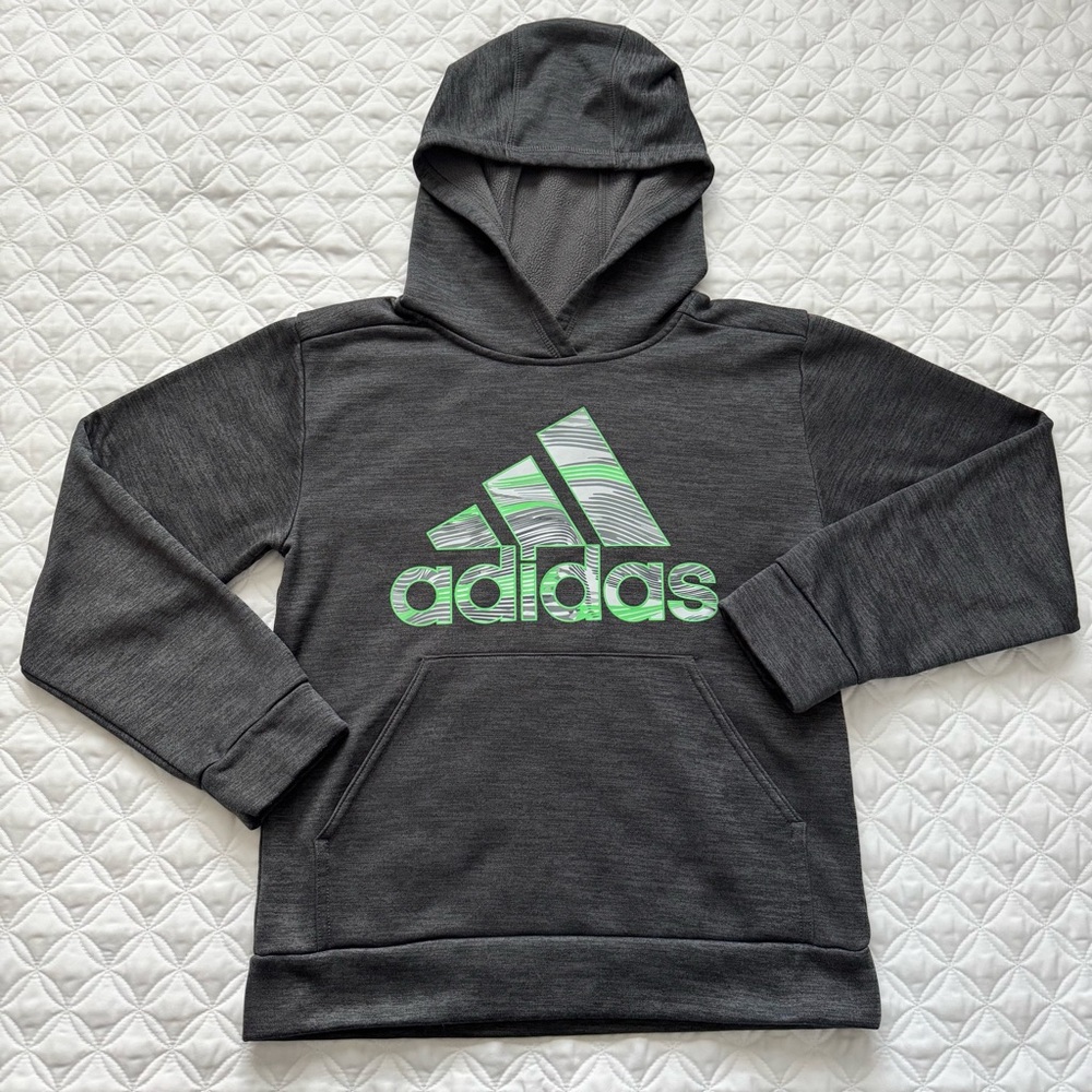 adidas Kids Gray Tech Fleece Hoodie Sweatshirt Green Logo Size M 10-12